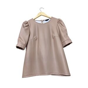 Express Womens Faux Leather Puff Sleeve Blouse Tan Crew Neck Top Medium NEW